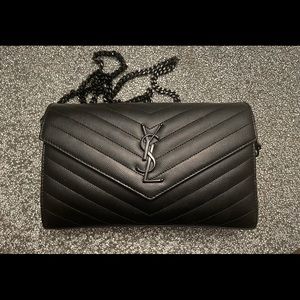 YSL Black on Black Monogram Quilted Leather Wallet on a Chain